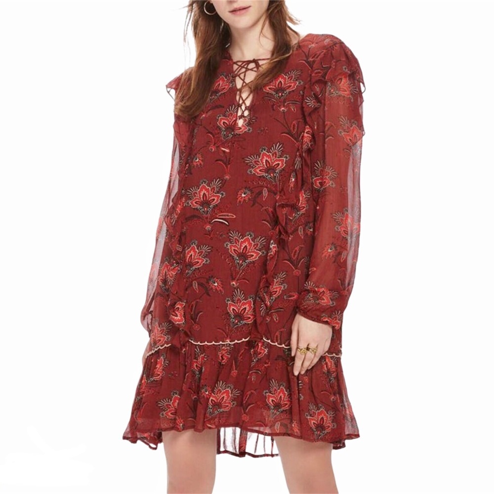 Scotch And Soda Floral Paisley Print Chiffon Ruffle Hem Drop Waist Dress X Small